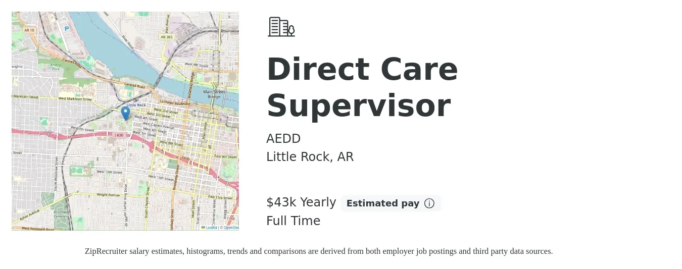 AEDD job posting for a Direct Care Supervisor in Little Rock, AR with a salary of $35,658 Yearly with a map of Little Rock location.