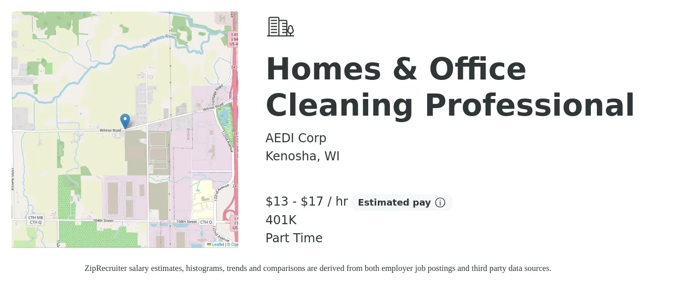 AEDI Corp job posting for a Homes & Office Cleaning Professional in Kenosha, WI with a salary of $14 to $18 Hourly and benefits including 401k with a map of Kenosha location.