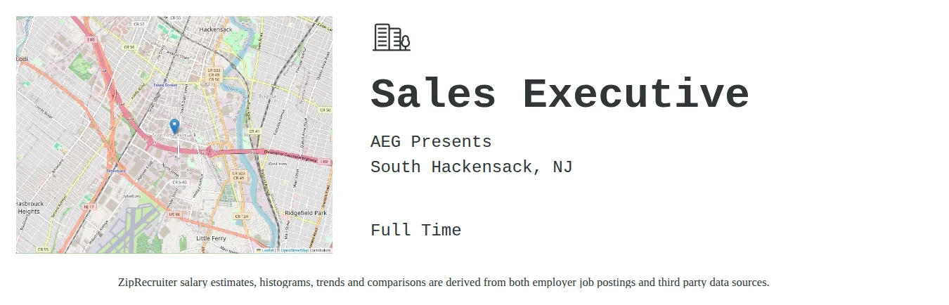 AEG Presents job posting for a Sales Executive in South Hackensack, NJ with a salary of $61,100 to $105,000 Annually with a map of South Hackensack location.