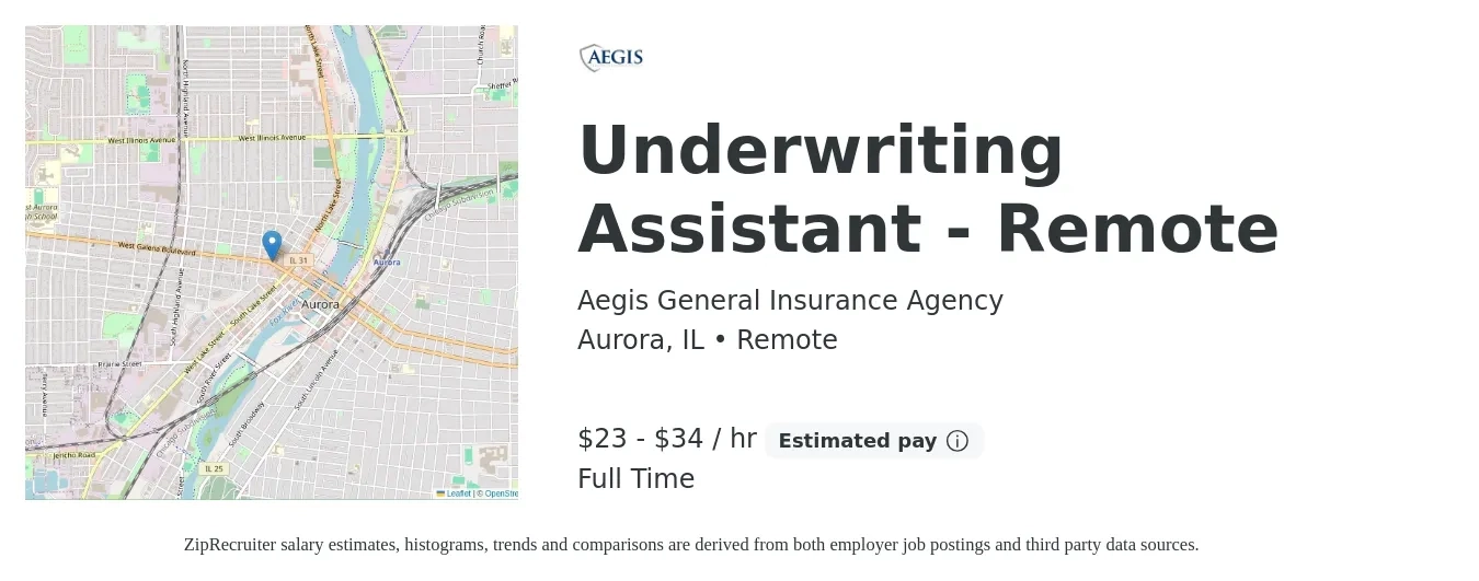 Aegis General Insurance Agency job posting for a Underwriting Assistant - Remote in Aurora, IL with a salary of $24 to $36 Hourly with a map of Aurora location.