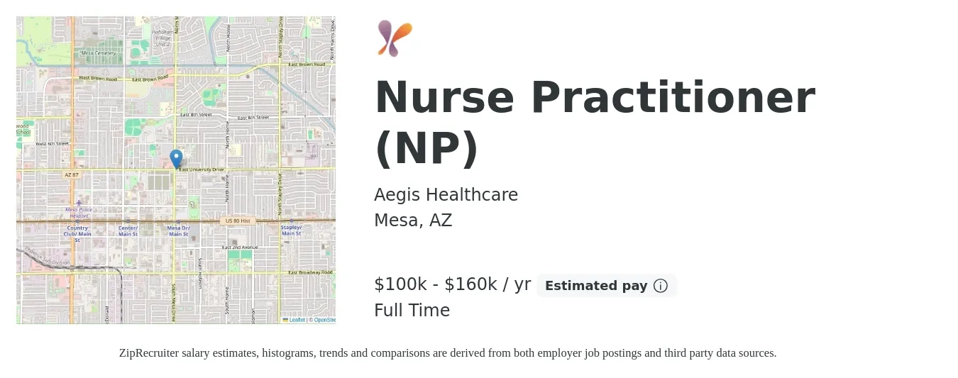 Aegis Healthcare job posting for a Nurse Practitioner (NP) in Mesa, AZ with a salary of $100,000 to $160,000 Yearly with a map of Mesa location.
