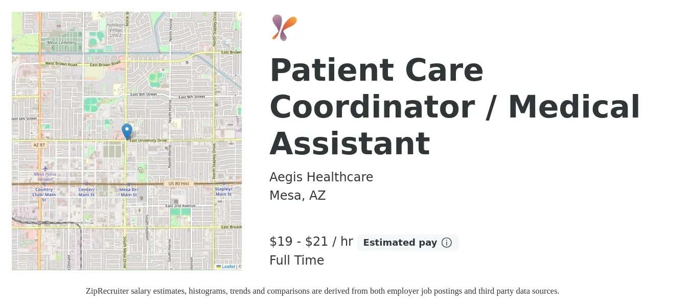 Aegis Healthcare job posting for a Patient Care Coordinator / Medical Assistant in Mesa, AZ with a salary of $20 to $22 Hourly with a map of Mesa location.
