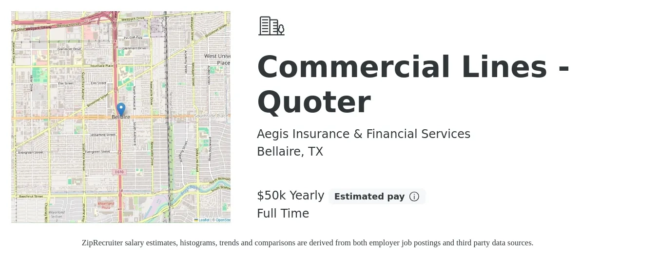 Aegis Insurance & Financial Services job posting for a Commercial Lines - Quoter in Bellaire, TX with a salary of $50,000 Yearly with a map of Bellaire location.