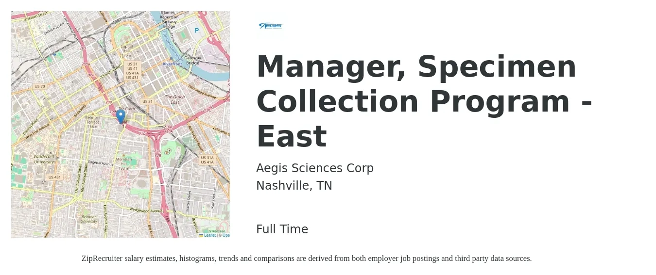Aegis Sciences Corp job posting for a Manager, Specimen Collection Program - East in Nashville, TN with a salary of $16 to $18 Hourly with a map of Nashville location.