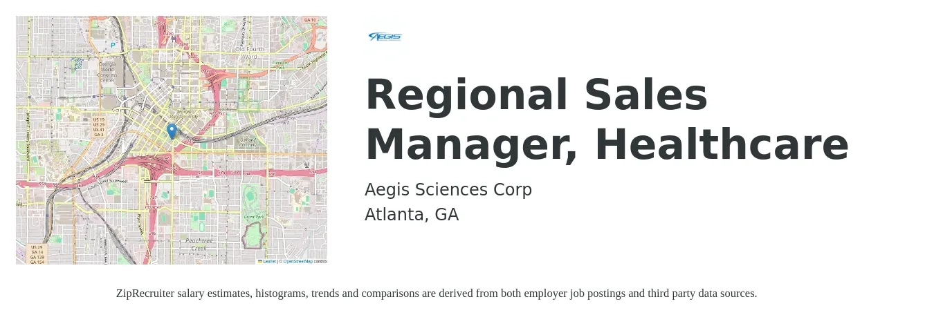 Aegis Sciences Corp job posting for a Regional Sales Manager, Healthcare in Atlanta, GA with a salary of $69,200 to $108,200 Yearly with a map of Atlanta location.