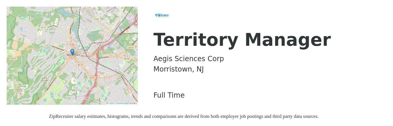 Aegis Sciences Corp job posting for a Territory Manager in Morristown, NJ with a salary of $77,500 to $115,100 Yearly with a map of Morristown location.