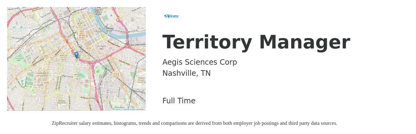 Aegis Sciences Corp job posting for a Territory Manager in Nashville, TN with a salary of $72,500 to $107,700 Yearly with a map of Nashville location.