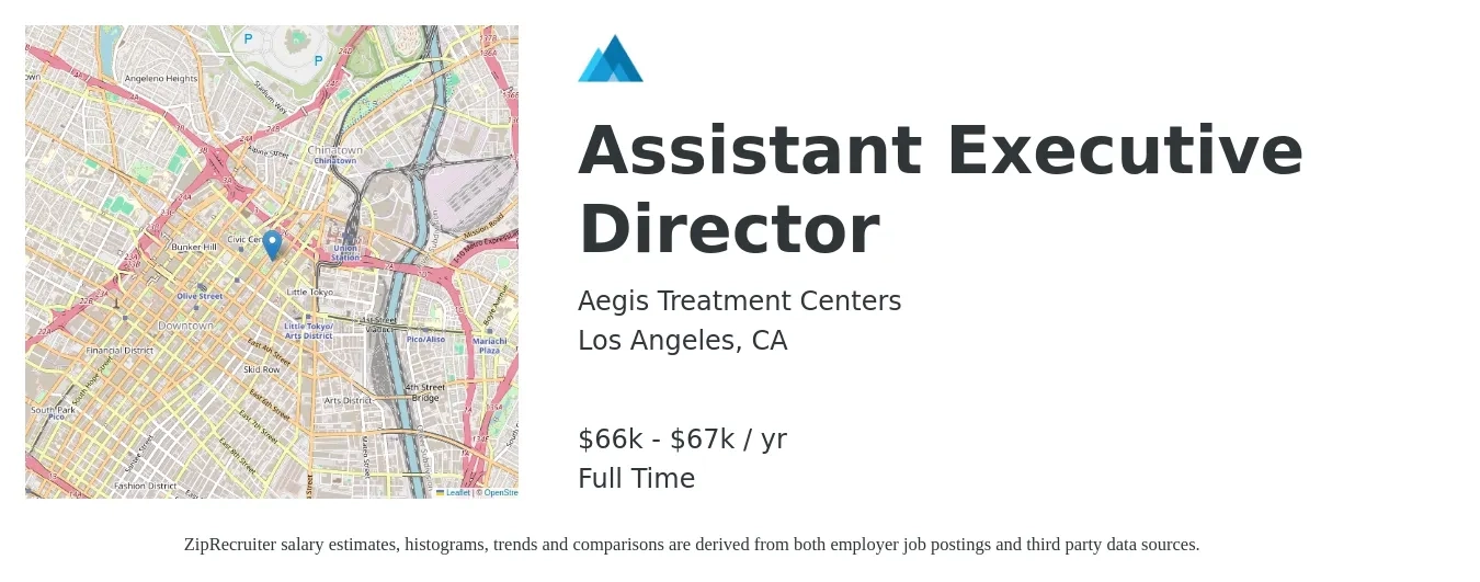 Aegis Treatment Centers job posting for a Assistant Executive Director in Los Angeles, CA with a salary of $66,750 to $67,750 Yearly with a map of Los Angeles location.