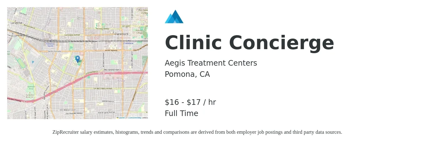 Aegis Treatment Centers job posting for a Clinic Concierge in Pomona, CA with a salary of $17 to $18 Hourly with a map of Pomona location.
