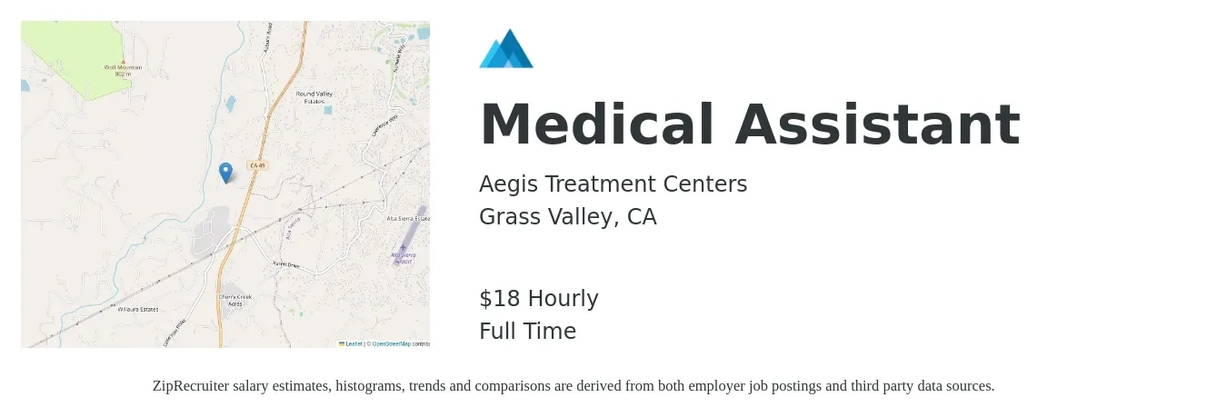 Aegis Treatment Centers job posting for a Medical Assistant in Grass Valley, CA with a salary of $19 Hourly with a map of Grass Valley location.