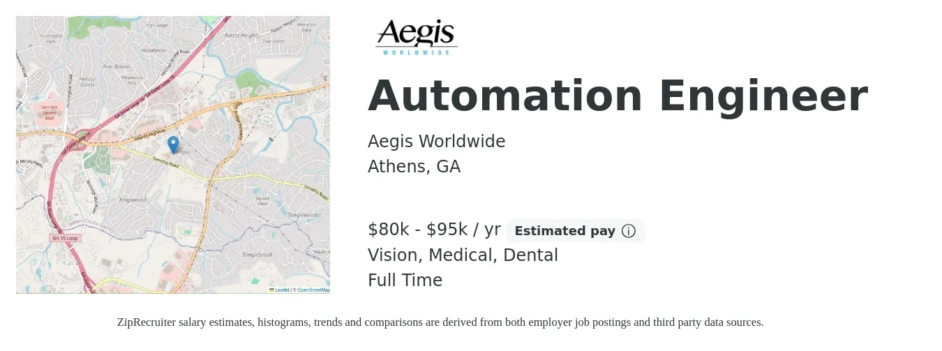 Aegis Worldwide job posting for a Automation Engineer in Athens, GA with a salary of $80,000 to $95,000 Yearly and benefits including dental, medical, retirement, and vision with a map of Athens location.