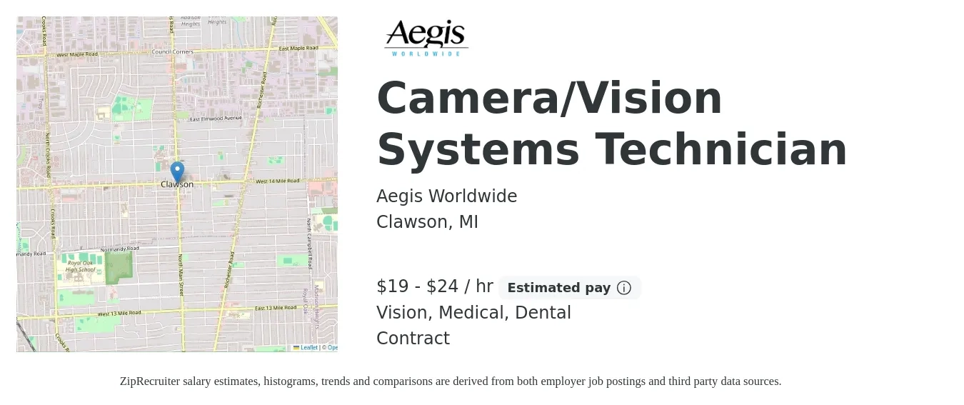 Aegis Worldwide job posting for a Camera/Vision Systems Technician in Clawson, MI with a salary of $20 to $25 Hourly and benefits including medical, pto, retirement, vision, dental, and life_insurance with a map of Clawson location.