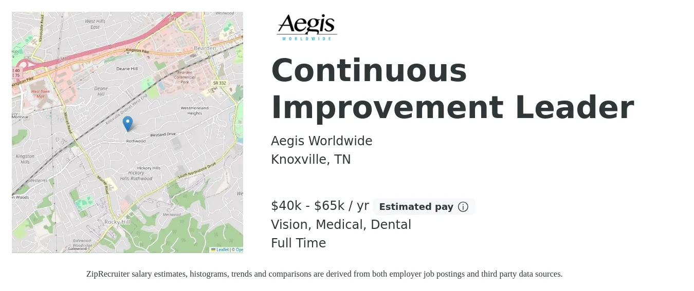 Aegis Worldwide job posting for a Continuous Improvement Leader in Knoxville, TN with a salary of $40,000 to $65,000 Yearly and benefits including retirement, vision, dental, and medical with a map of Knoxville location.