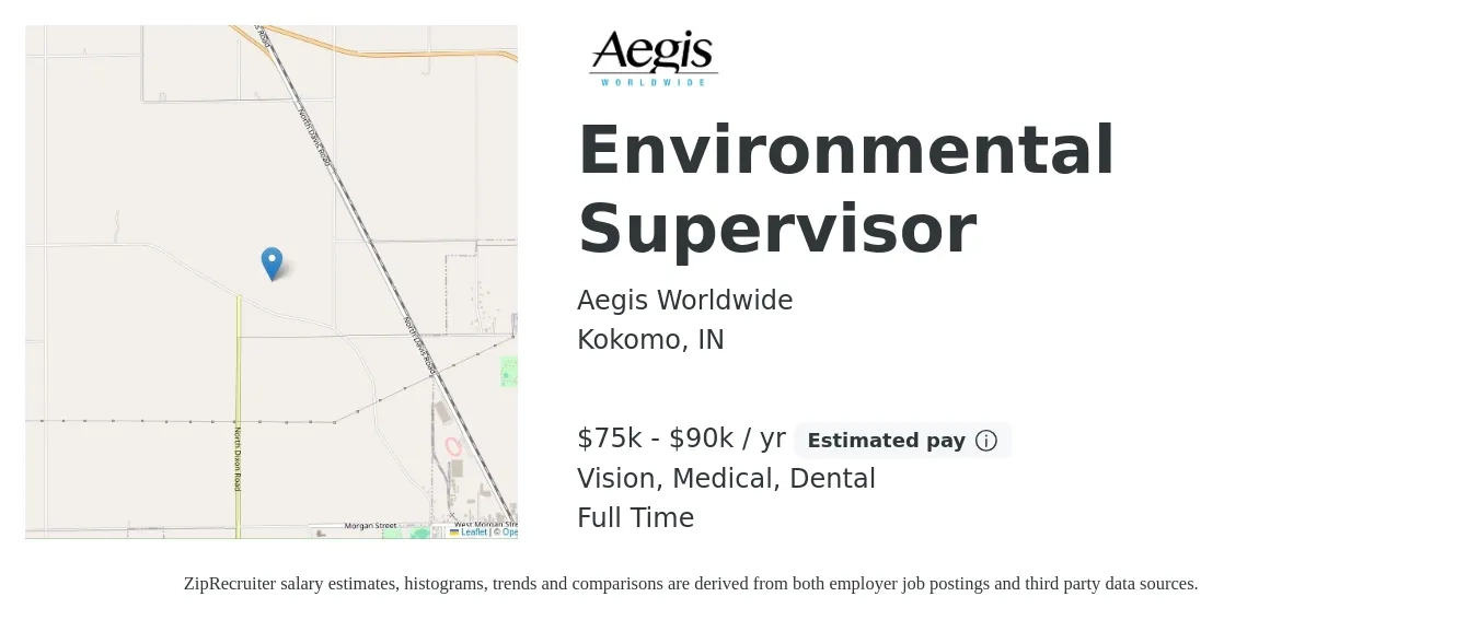 Aegis Worldwide job posting for a Environmental Supervisor in Kokomo, IN with a salary of $75,000 to $90,000 Yearly and benefits including vision, dental, life_insurance, medical, and retirement with a map of Kokomo location.