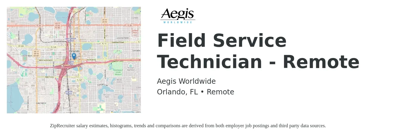 Aegis Worldwide job posting for a Field Service Technician - Remote in Orlando, FL with a salary of $19 to $28 Hourly and benefits including dental, life_insurance, medical, retirement, and vision with a map of Orlando location.