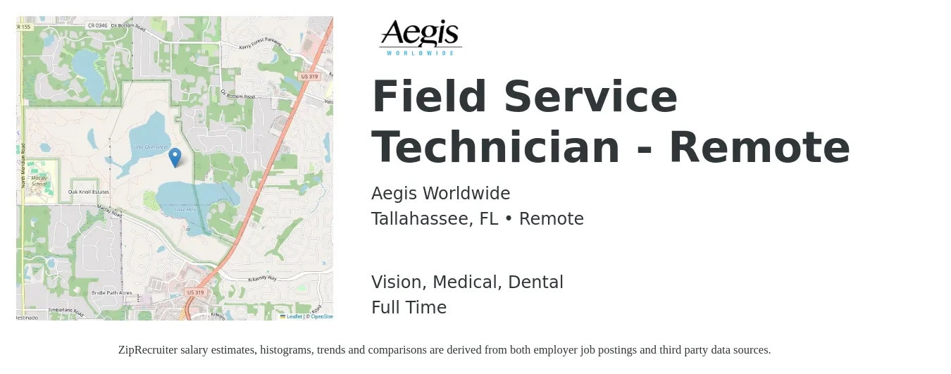 Aegis Worldwide job posting for a Field Service Technician - Remote in Tallahassee, FL with a salary of $19 to $28 Hourly and benefits including dental, life_insurance, medical, retirement, and vision with a map of Tallahassee location.