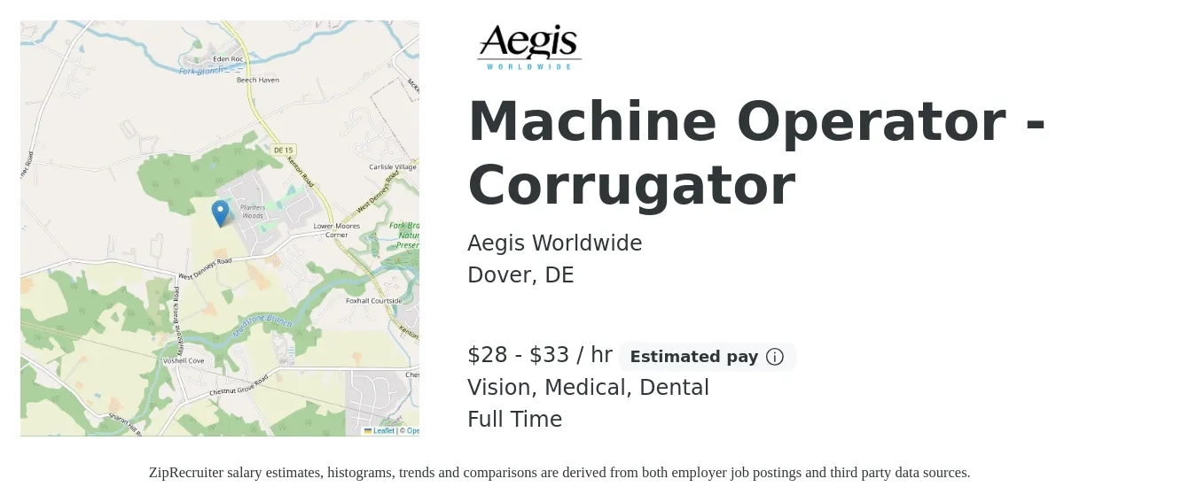 Aegis Worldwide job posting for a Machine Operator - Corrugator in Dover, DE with a salary of $30 to $35 Hourly and benefits including dental, life_insurance, medical, retirement, and vision with a map of Dover location.