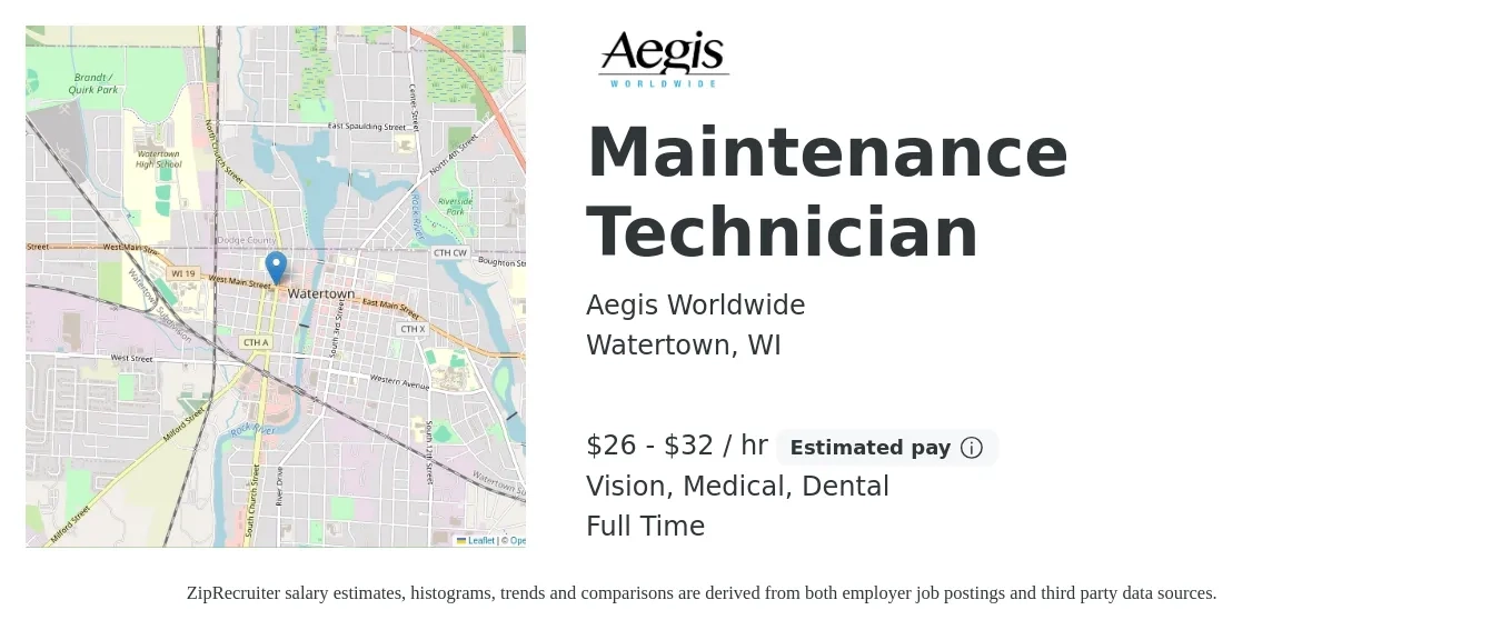 Aegis Worldwide job posting for a Maintenance Technician in Watertown, WI with a salary of $28 to $34 Hourly and benefits including vision, dental, life_insurance, medical, and retirement with a map of Watertown location.