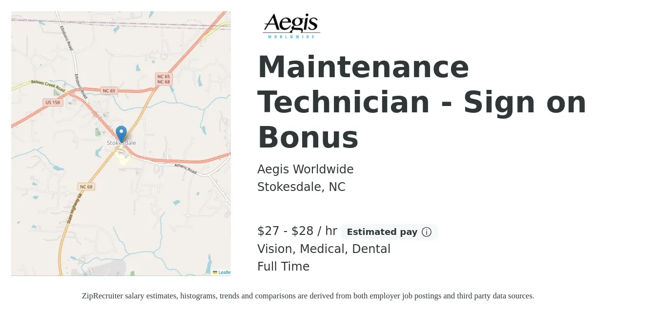 Aegis Worldwide job posting for a Maintenance Technician - Sign on Bonus in Stokesdale, NC with a salary of $29 to $30 Hourly and benefits including dental, life_insurance, medical, retirement, and vision with a map of Stokesdale location.