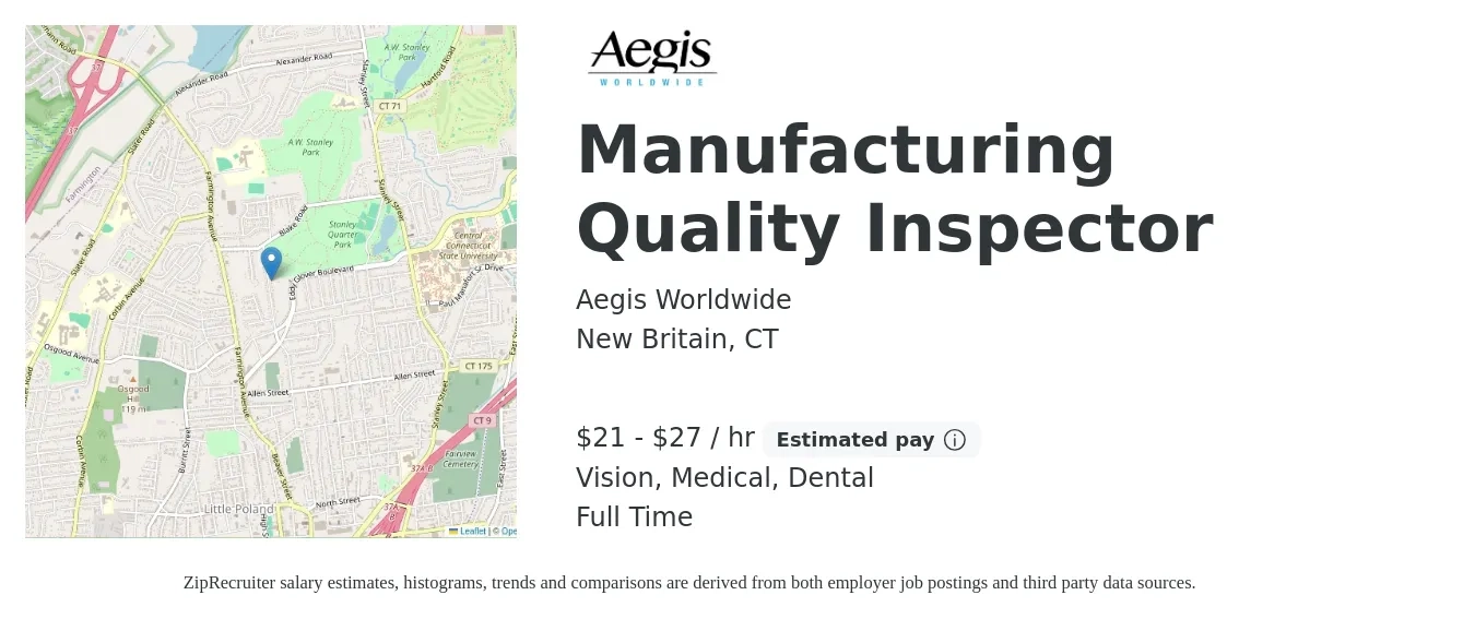 Aegis Worldwide job posting for a Manufacturing Quality Inspector in New Britain, CT with a salary of $22 to $29 Hourly and benefits including dental, life_insurance, medical, pto, retirement, and vision with a map of New Britain location.
