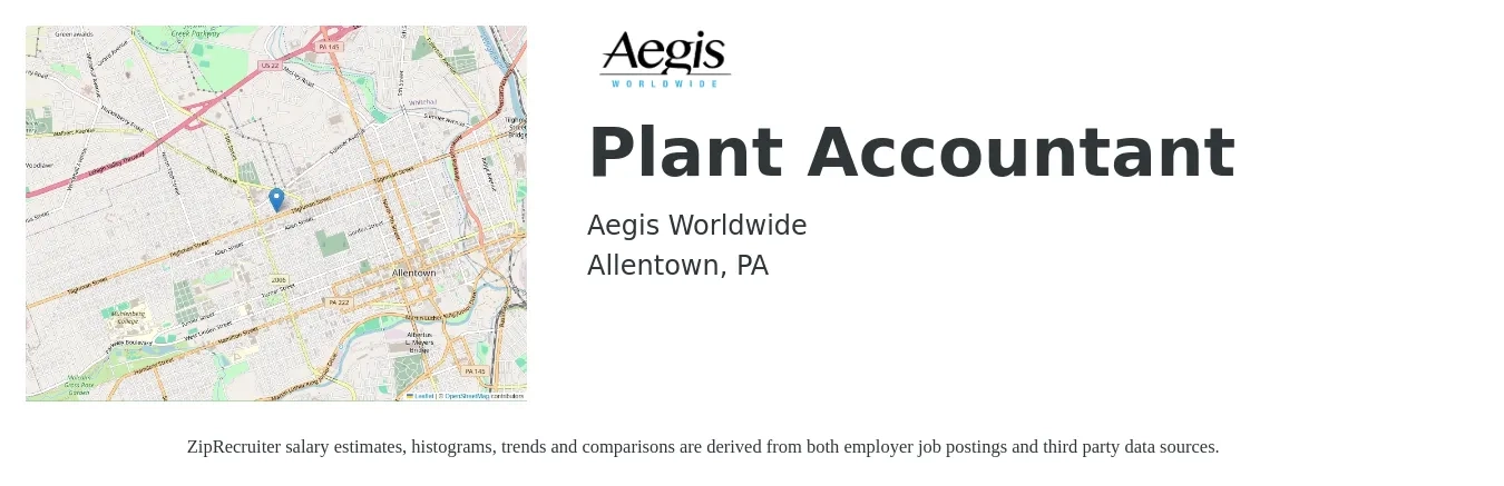 Aegis Worldwide job posting for a Plant Accountant in Allentown, PA with a salary of $80,000 to $95,000 Yearly and benefits including retirement, vision, dental, life_insurance, medical, and pto with a map of Allentown location.