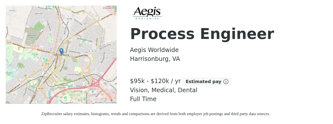 Aegis Worldwide job posting for a Process Engineer in Harrisonburg, VA with a salary of $95,000 to $120,000 Yearly and benefits including vision, dental, life_insurance, medical, pto, and retirement with a map of Harrisonburg location.
