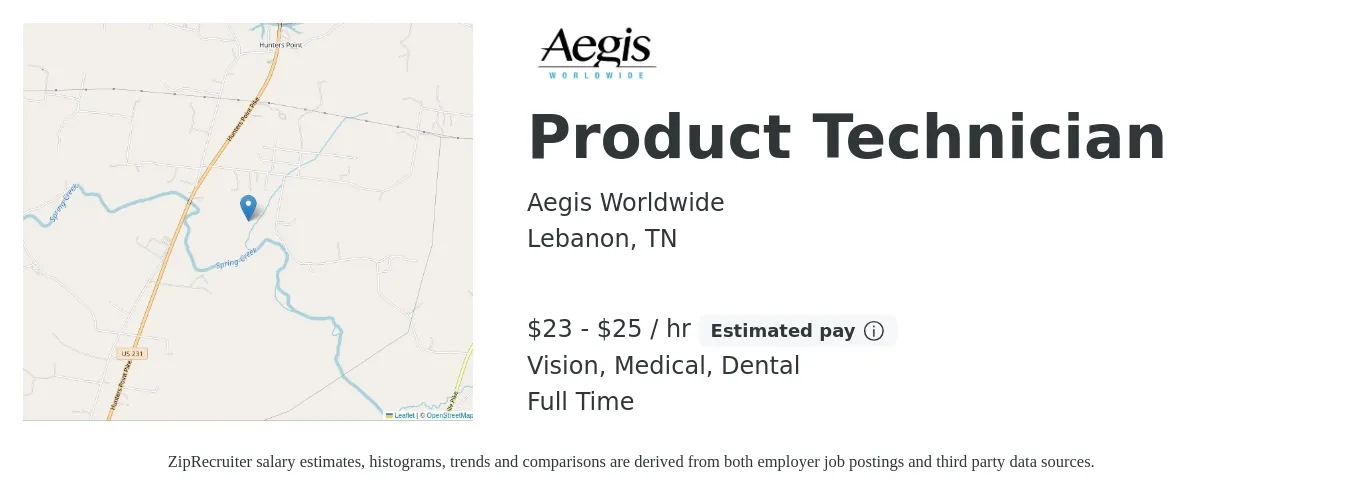 Aegis Worldwide job posting for a Product Technician in Lebanon, TN with a salary of $24 to $27 Hourly and benefits including life_insurance, medical, pto, retirement, vision, and dental with a map of Lebanon location.