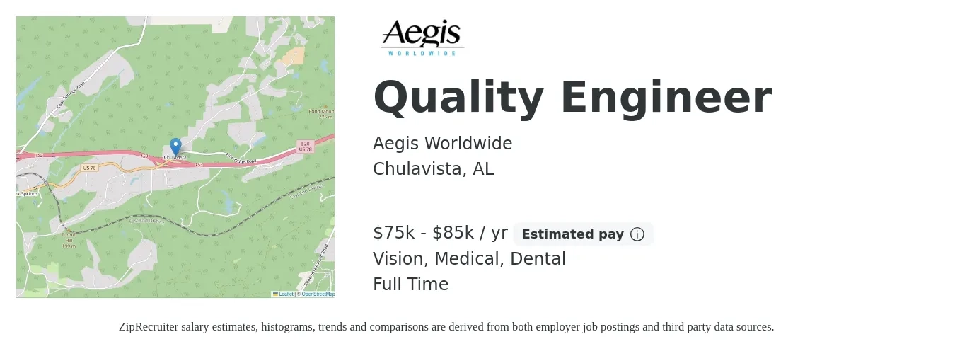 Aegis Worldwide job posting for a Quality Engineer in Chulavista, AL with a salary of $75,000 to $85,000 Yearly and benefits including retirement, vision, dental, life_insurance, medical, and pto with a map of Chulavista location.