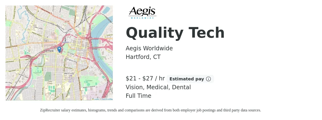 Aegis Worldwide job posting for a Quality Tech in Hartford, CT with a salary of $22 to $29 Hourly and benefits including vision, dental, medical, pto, and retirement with a map of Hartford location.