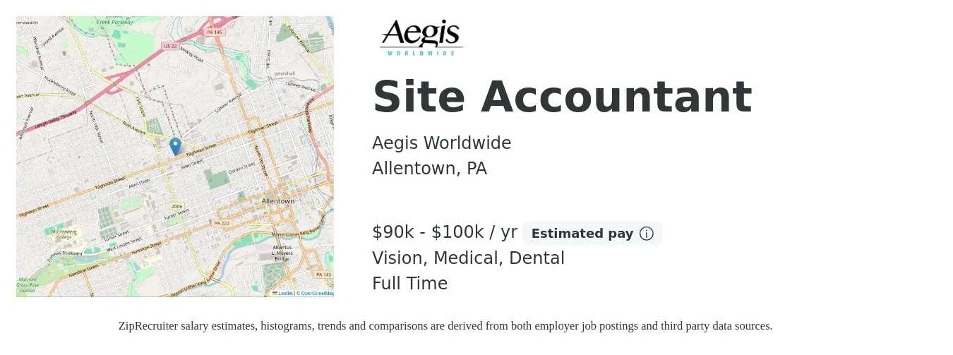 Aegis Worldwide job posting for a Site Accountant in Allentown, PA with a salary of $90,000 to $100,000 Yearly and benefits including dental, life_insurance, medical, pto, retirement, and vision with a map of Allentown location.