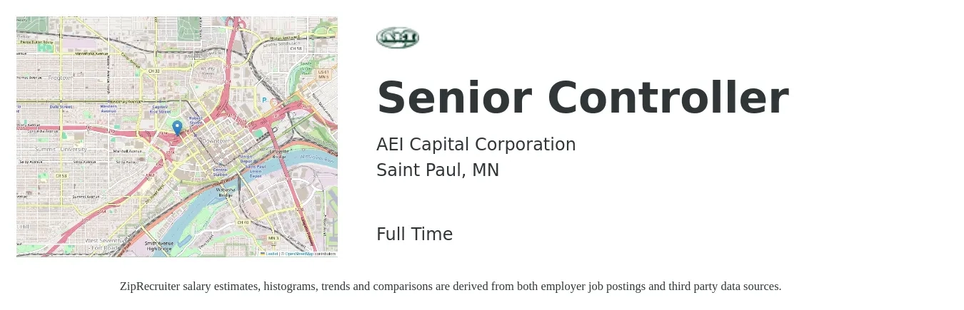 AEI Capital Corporation job posting for a Senior Controller in Saint Paul, MN with a salary of $103,700 to $155,200 Yearly with a map of Saint Paul location.