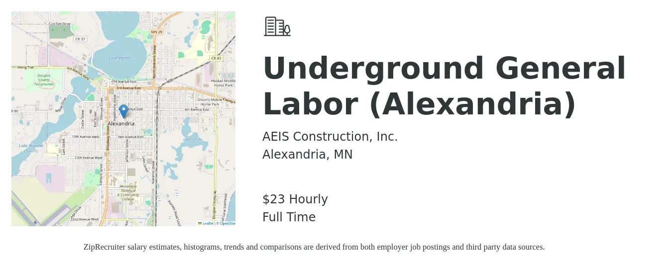 AEIS Construction, Inc. job posting for a Underground General Labor (Alexandria) in Alexandria, MN with a salary of $24 Hourly with a map of Alexandria location.