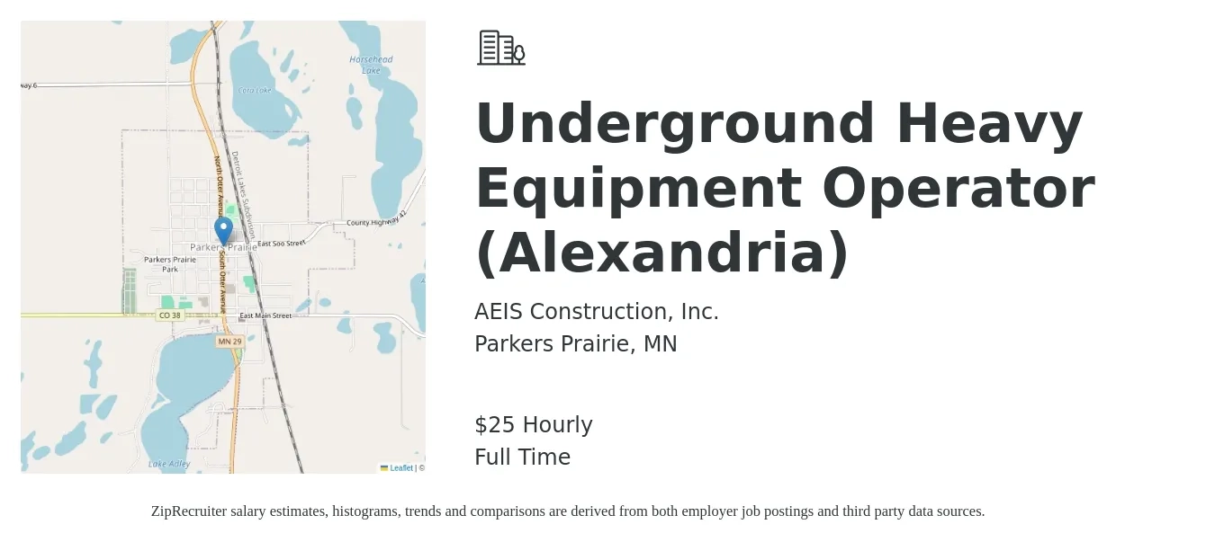 AEIS Construction, Inc. job posting for a Underground Heavy Equipment Operator (Alexandria) in Parkers Prairie, MN with a salary of $26 Hourly with a map of Parkers Prairie location.