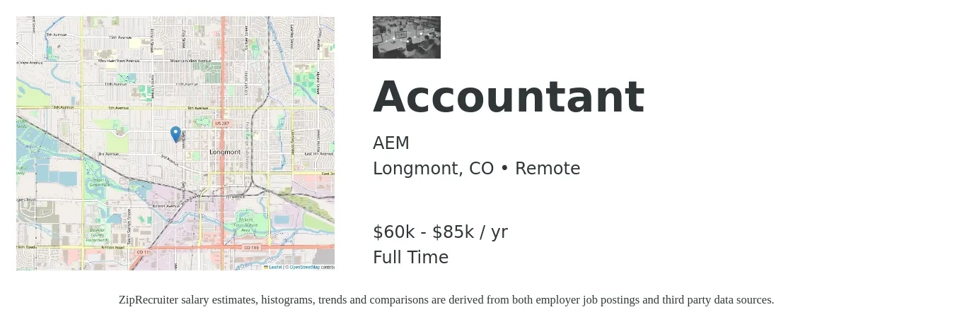 AEM job posting for a Accountant in Longmont, CO with a salary of $60,000 to $85,000 Yearly with a map of Longmont location.