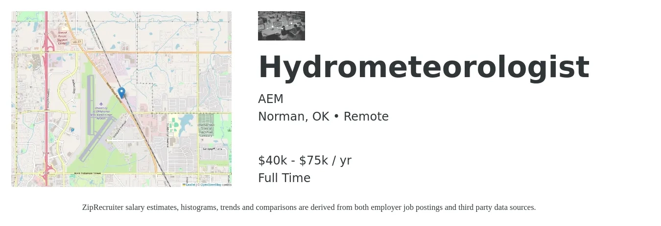 AEM job posting for a Hydrometeorologist in Norman, OK with a salary of $40,000 to $75,000 Yearly with a map of Norman location.