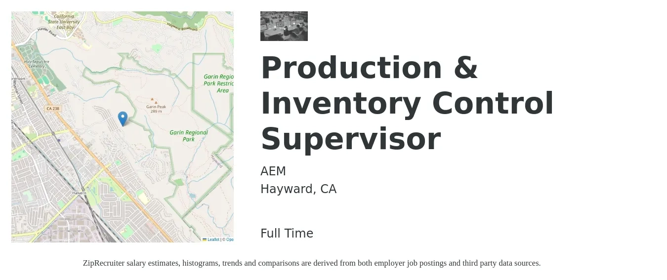 AEM job posting for a Production & Inventory Control Supervisor in Hayward, CA with a salary of $68,300 to $117,600 Yearly with a map of Hayward location.