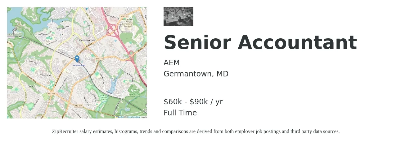 AEM job posting for a Senior Accountant in Germantown, MD with a salary of $60,000 to $90,000 Yearly with a map of Germantown location.