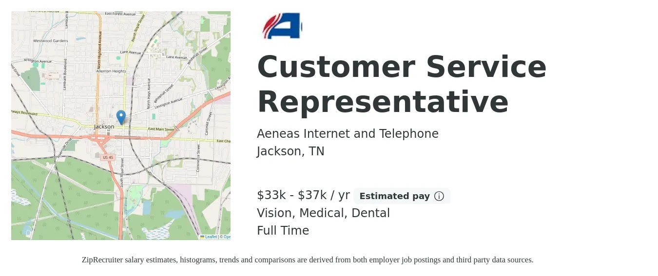 Aeneas Internet and Telephone job posting for a Customer Service Representative in Jackson, TN with a salary of $33,280 to $37,440 Yearly (plus commission) and benefits including medical, retirement, vision, and dental with a map of Jackson location.