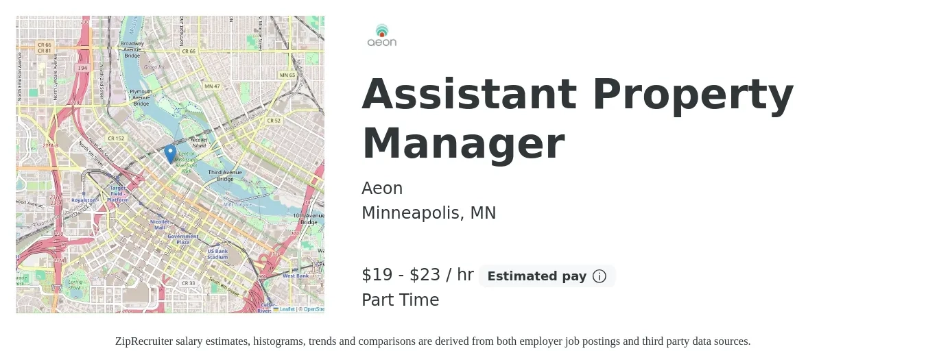 Aeon job posting for a Assistant Property Manager in Minneapolis, MN with a salary of $20 to $24 Hourly with a map of Minneapolis location.