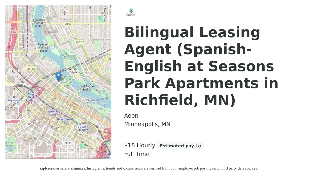 Aeon job posting for a Bilingual Leasing Agent (Spanish-English at Seasons Park Apartments in Richfield, MN) in Minneapolis, MN with a salary of $19 Hourly with a map of Minneapolis location.