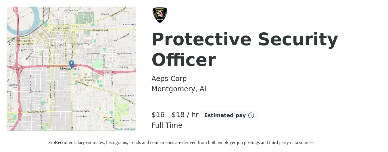 Aeps Corp job posting for a Protective Security Officer in Montgomery, AL with a salary of $17 to $19 Hourly with a map of Montgomery location.