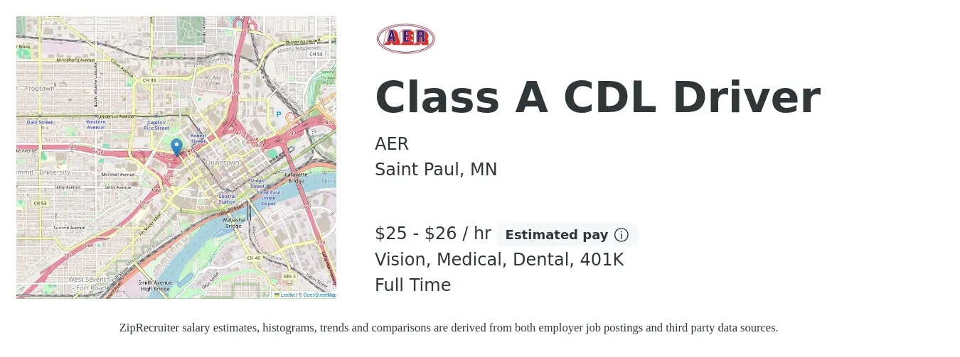 AER job posting for a Class A CDL Driver in Saint Paul, MN with a salary of $26 to $28 Hourly and benefits including medical, vision, 401k, dental, and life_insurance with a map of Saint Paul location.