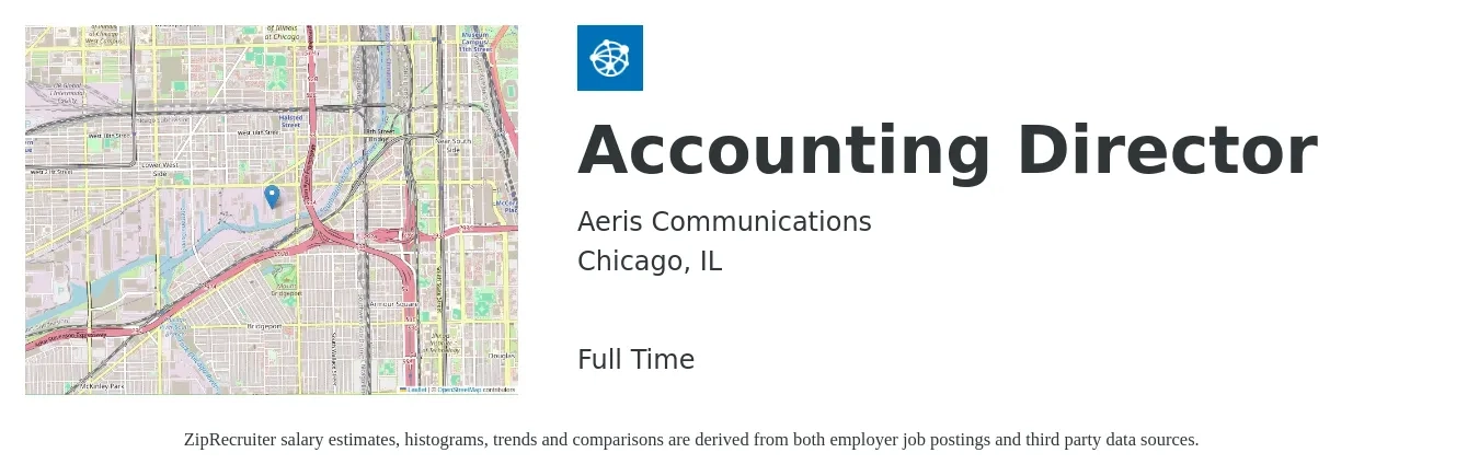 Aeris Communications job posting for a Accounting Director in Chicago, IL with a salary of $108,200 to $164,800 Yearly with a map of Chicago location.