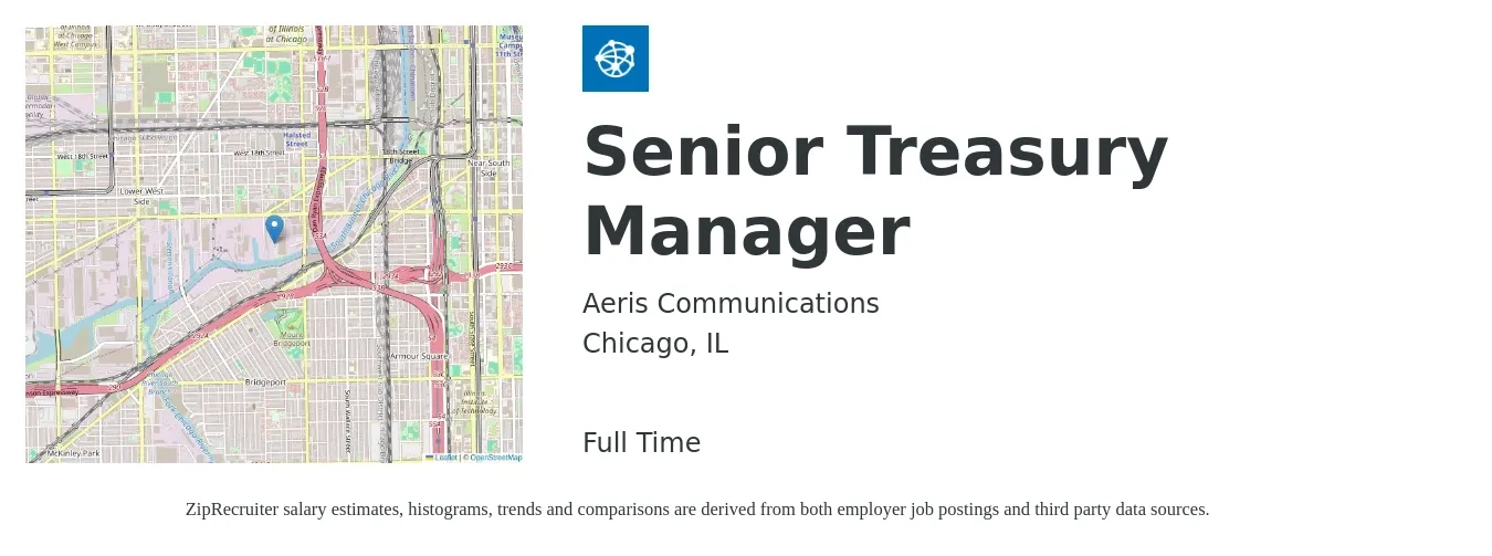 Aeris Communications job posting for a Senior Treasury Manager in Chicago, IL with a salary of $85,100 to $122,700 Yearly with a map of Chicago location.