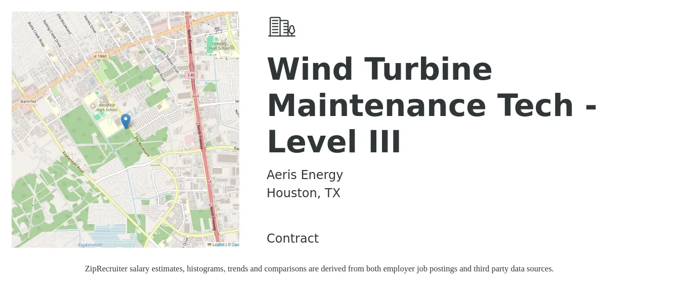 Aeris Energy job posting for a Wind Turbine Maintenance Tech - Level III in Houston, TX with a salary of $22 to $28 Hourly with a map of Houston location.