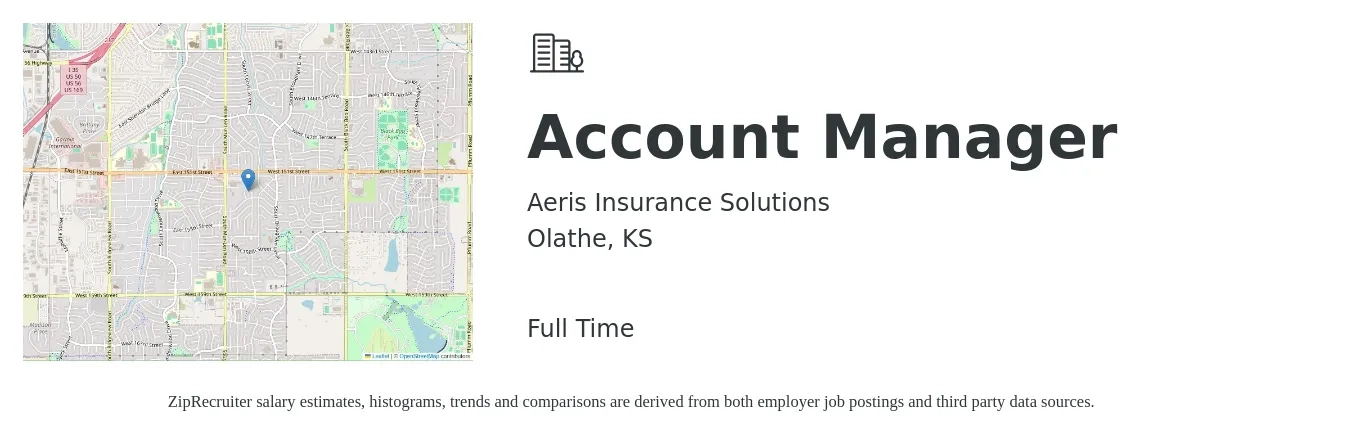 Aeris Insurance Solutions job posting for a Account Manager in Olathe, KS with a salary of $46,400 to $75,900 Yearly with a map of Olathe location.