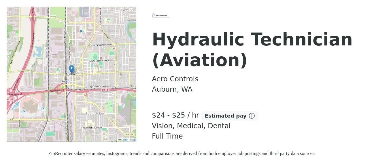 Aero Controls job posting for a Hydraulic Technician (Aviation) in Auburn, WA with a salary of $25 to $27 Hourly and benefits including dental, life_insurance, medical, retirement, and vision with a map of Auburn location.