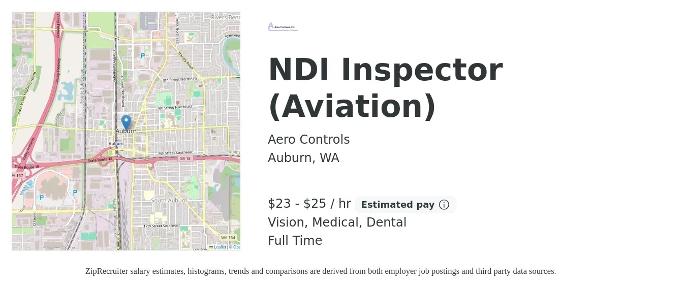 Aero Controls job posting for a NDI Inspector (Aviation) in Auburn, WA with a salary of $24 to $26 Hourly and benefits including life_insurance, medical, pto, retirement, vision, and dental with a map of Auburn location.