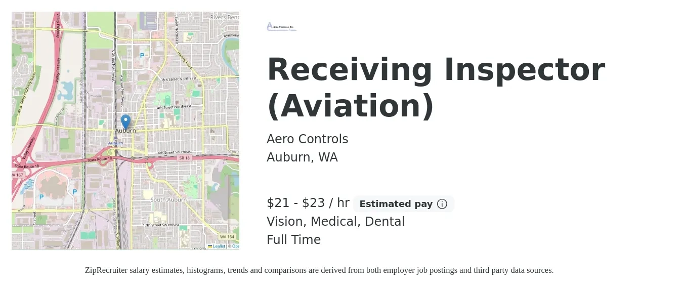 Aero Controls job posting for a Receiving Inspector (Aviation) in Auburn, WA with a salary of $22 to $24 Hourly and benefits including dental, life_insurance, medical, pto, retirement, and vision with a map of Auburn location.