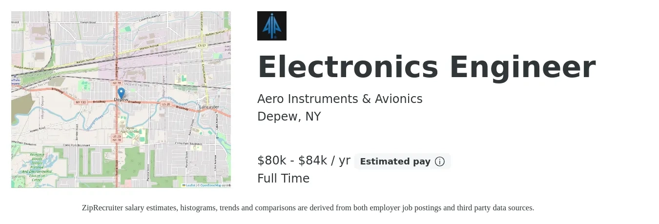 Aero Instruments & Avionics job posting for a Electronics Engineer in Depew, NY with a salary of $80,000 to $84,000 Yearly with a map of Depew location.